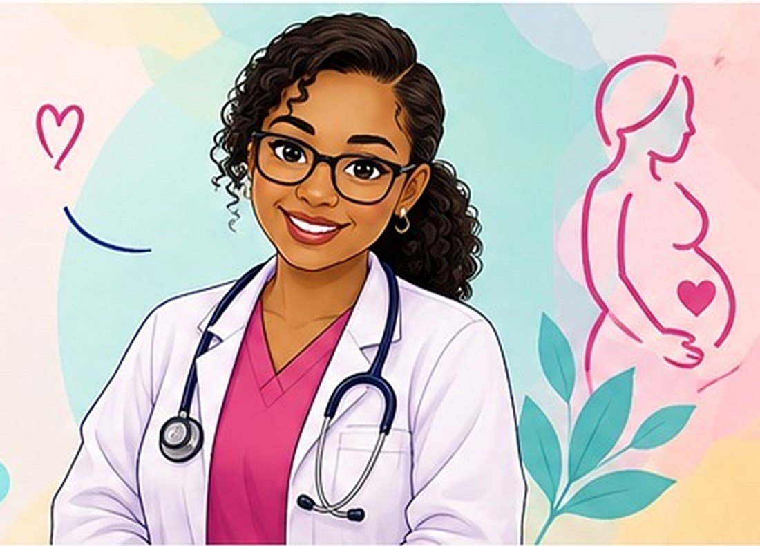 Anita, obstetra, con bata blanca, gafas y estetoscopio